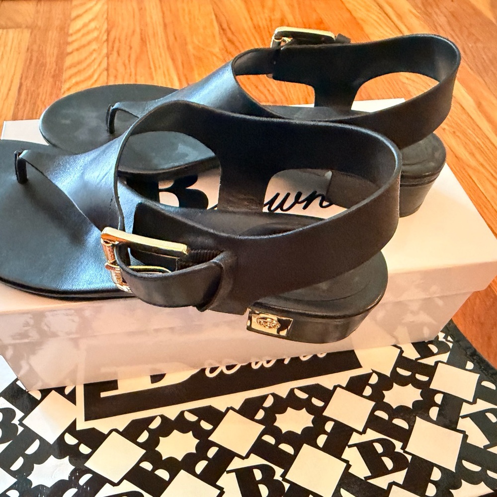 MICHAEL Michael Kors Black Leather Toe-Post Sandals with Gold Buckle
